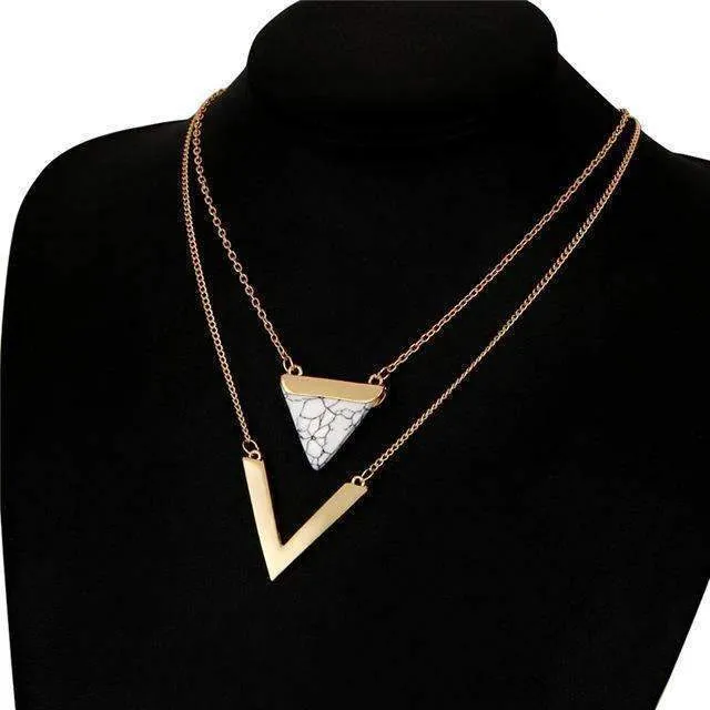 Stylish 2-Layer Marble Chevron Necklace in Black or White with Gold Accent