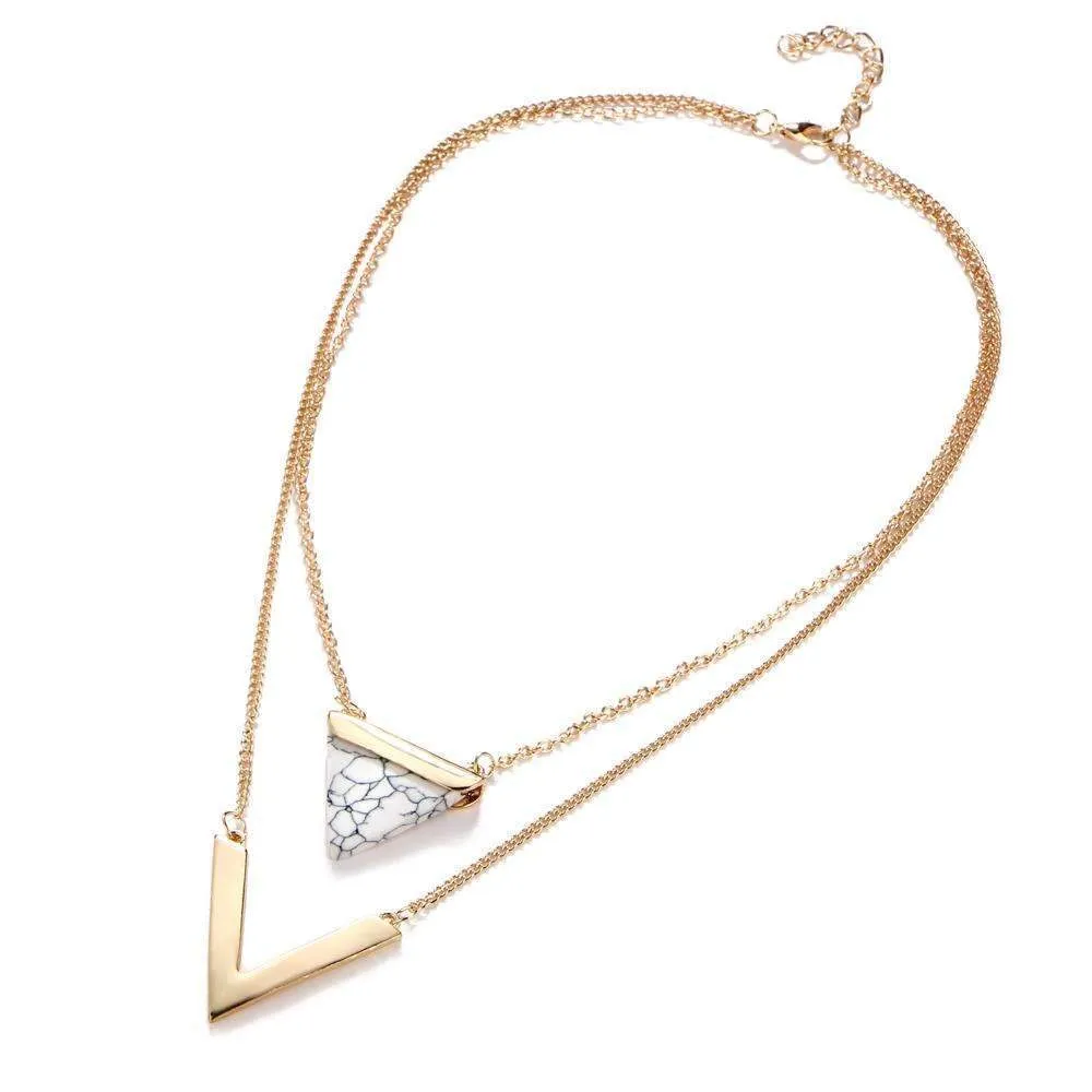 Stylish 2-Layer Marble Chevron Necklace in Black or White with Gold Accent