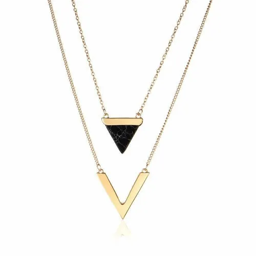 Stylish 2-Layer Marble Chevron Necklace in Black or White with Gold Accent