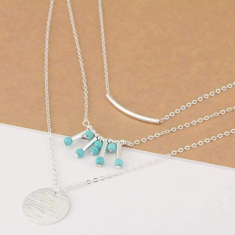 Stylish Turquoise Three-Layer Necklace with Adjustable Length and High-Quality Beads