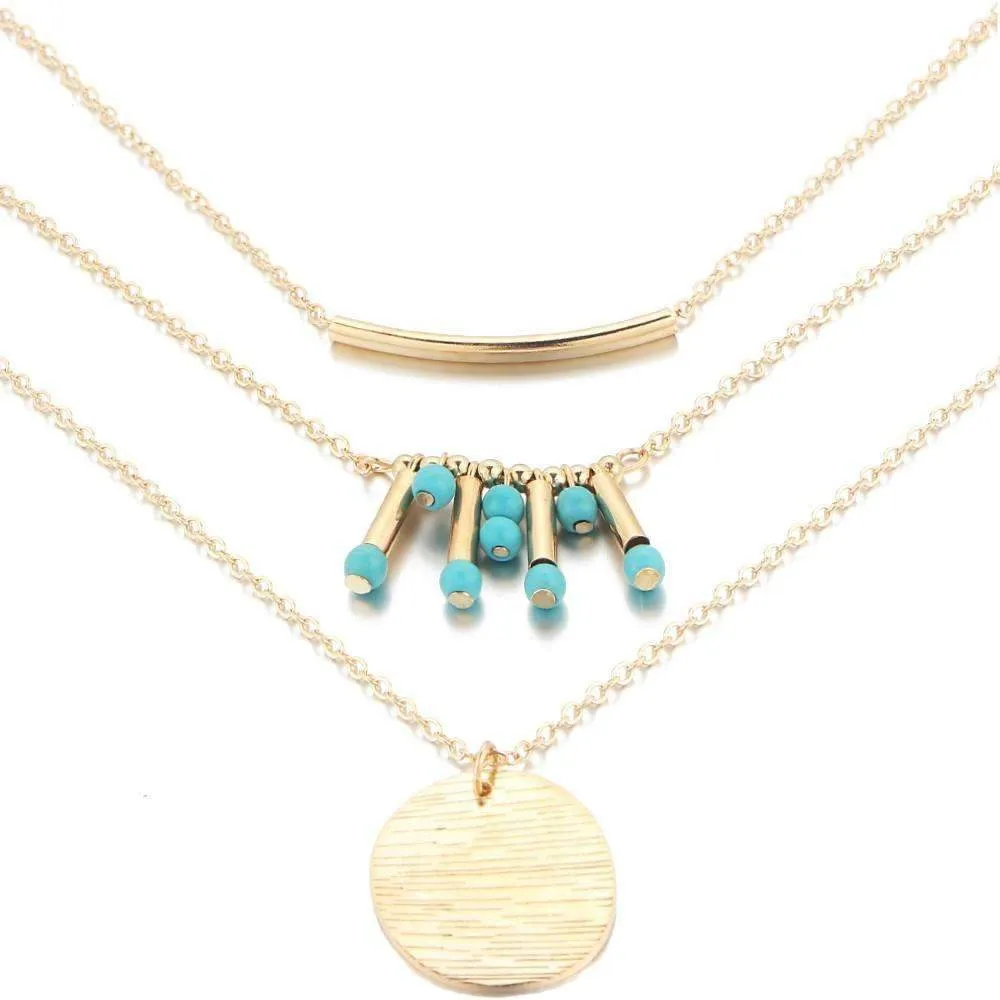 Stylish Turquoise Three-Layer Necklace with Adjustable Length and High-Quality Beads
