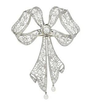 Substantial Belle Epoque Diamond Pearl Platinum Antique Lace En Tremblant Bow Pendant Brooch