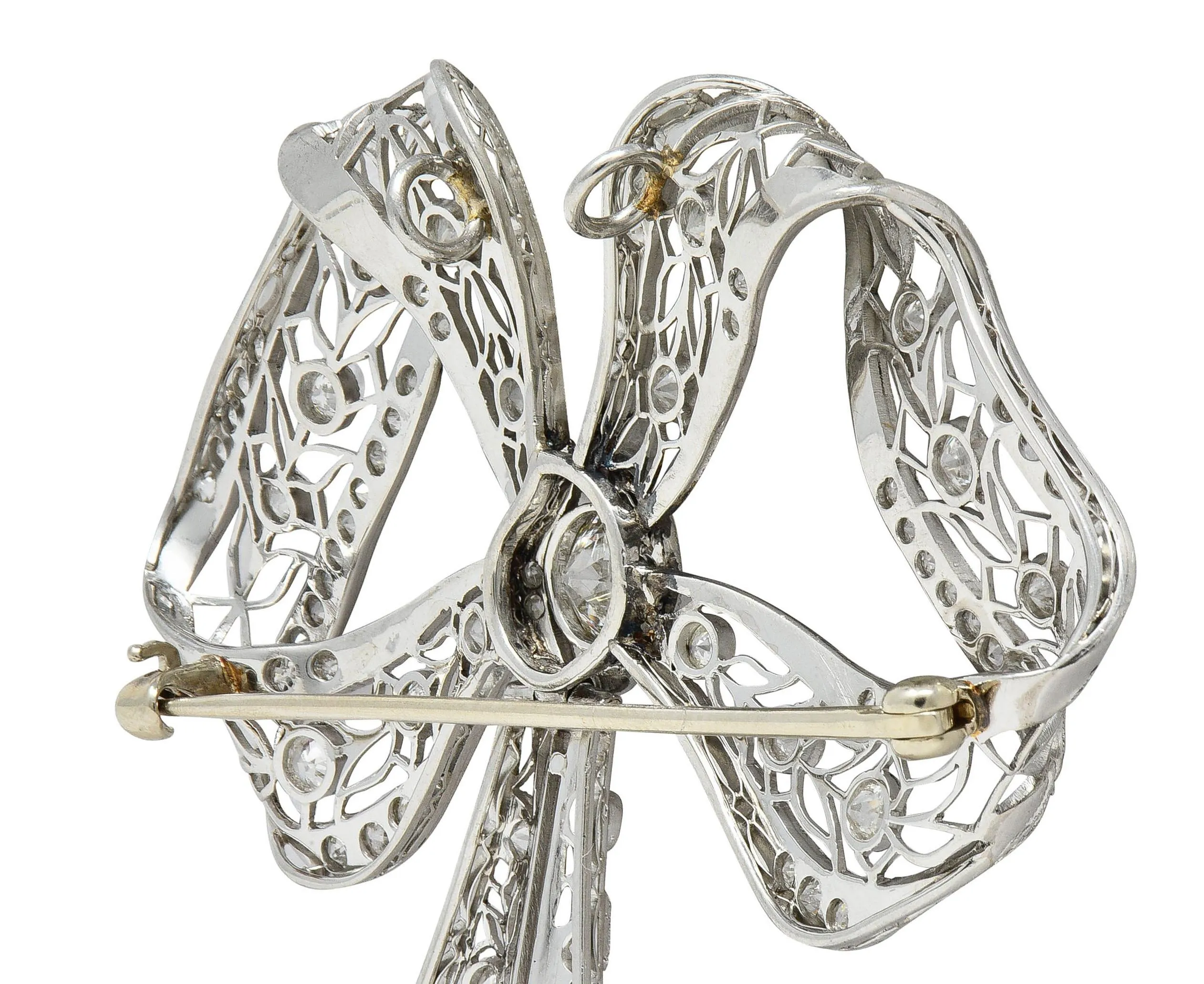 Substantial Belle Epoque Diamond Pearl Platinum Antique Lace En Tremblant Bow Pendant Brooch