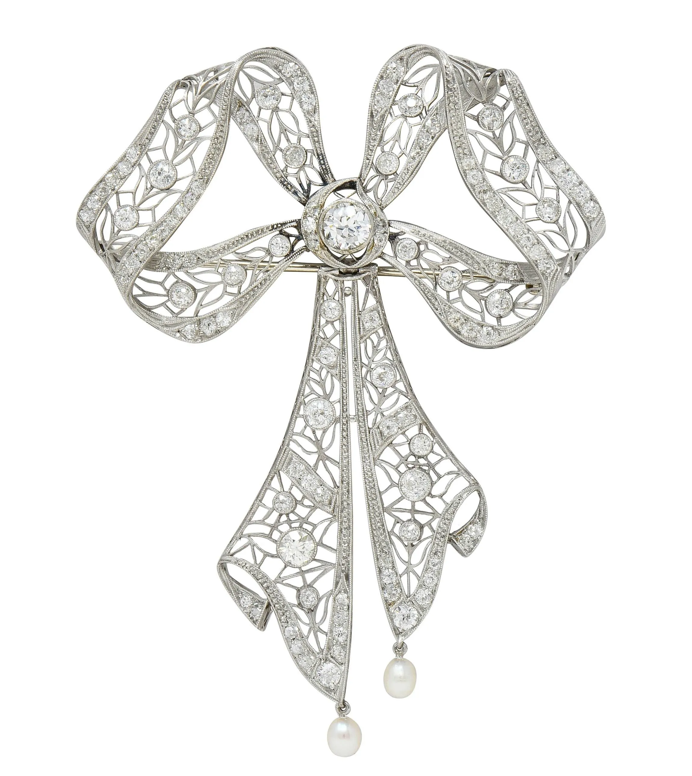 Substantial Belle Epoque Diamond Pearl Platinum Antique Lace En Tremblant Bow Pendant Brooch