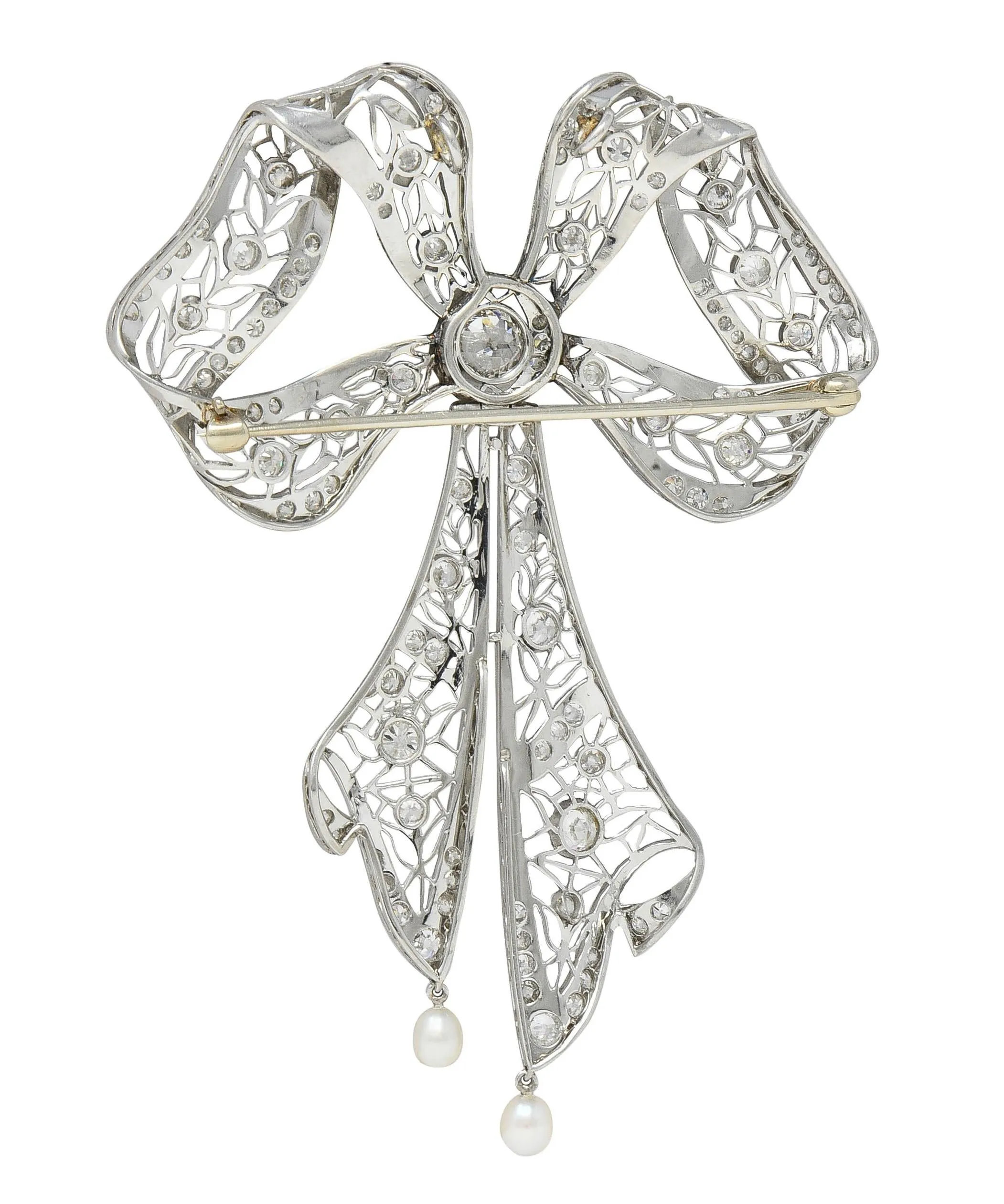 Substantial Belle Epoque Diamond Pearl Platinum Antique Lace En Tremblant Bow Pendant Brooch