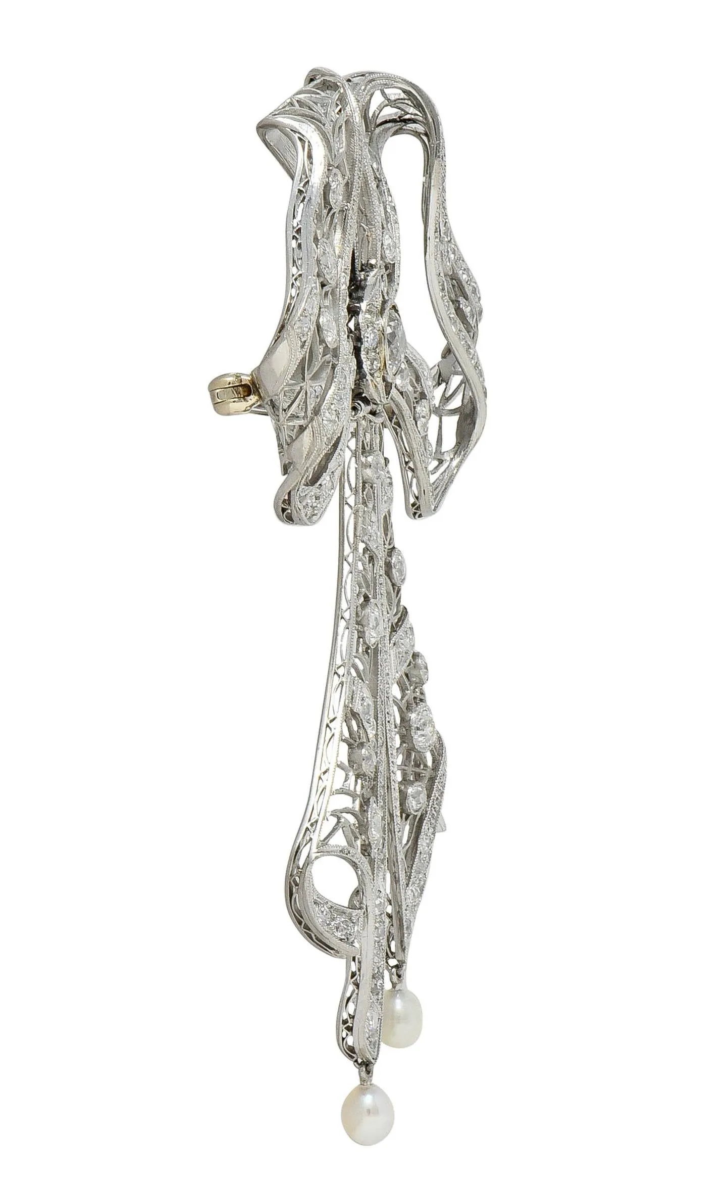Substantial Belle Epoque Diamond Pearl Platinum Antique Lace En Tremblant Bow Pendant Brooch