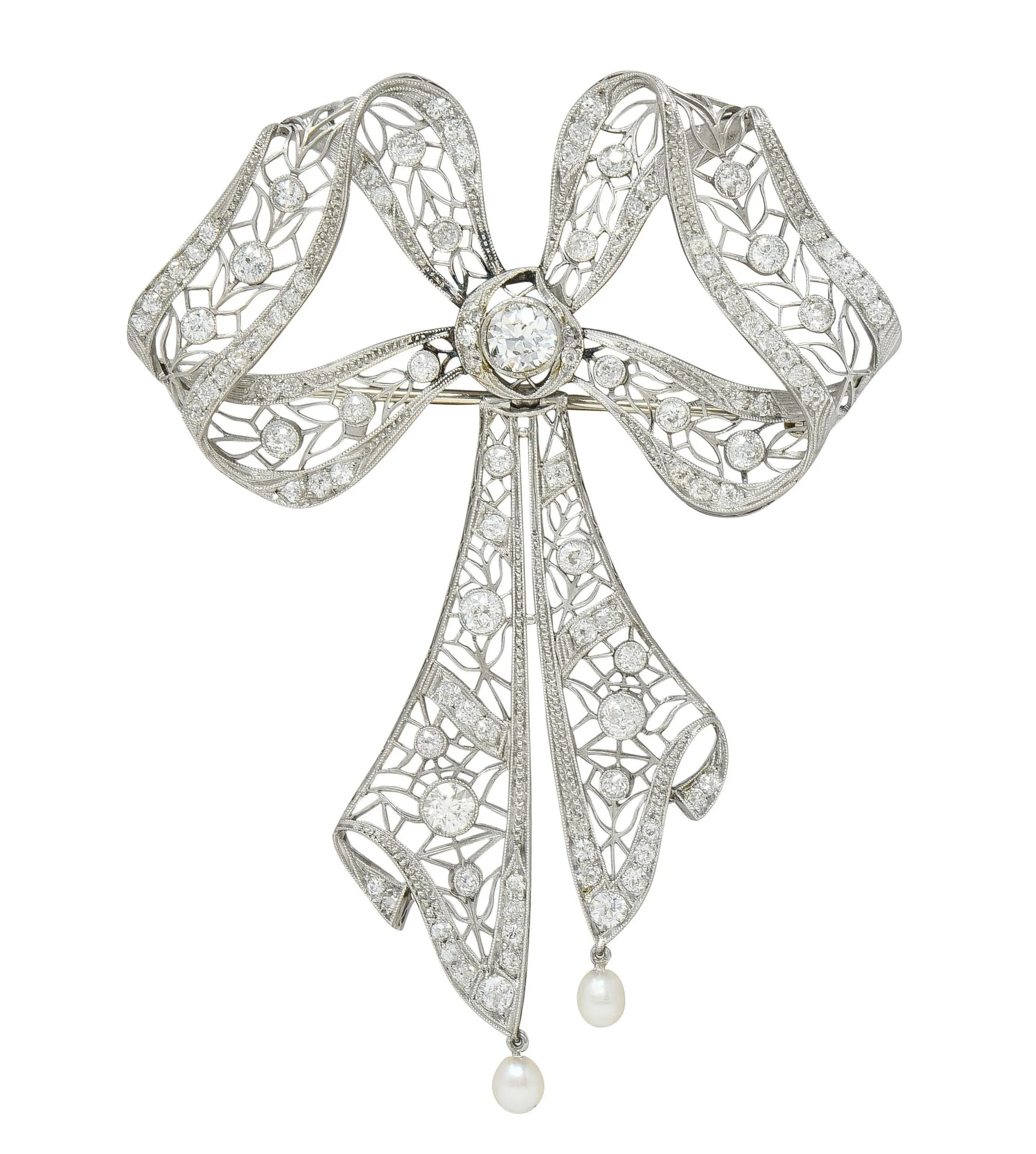 Substantial Belle Epoque Diamond Pearl Platinum Antique Lace En Tremblant Bow Pendant Brooch