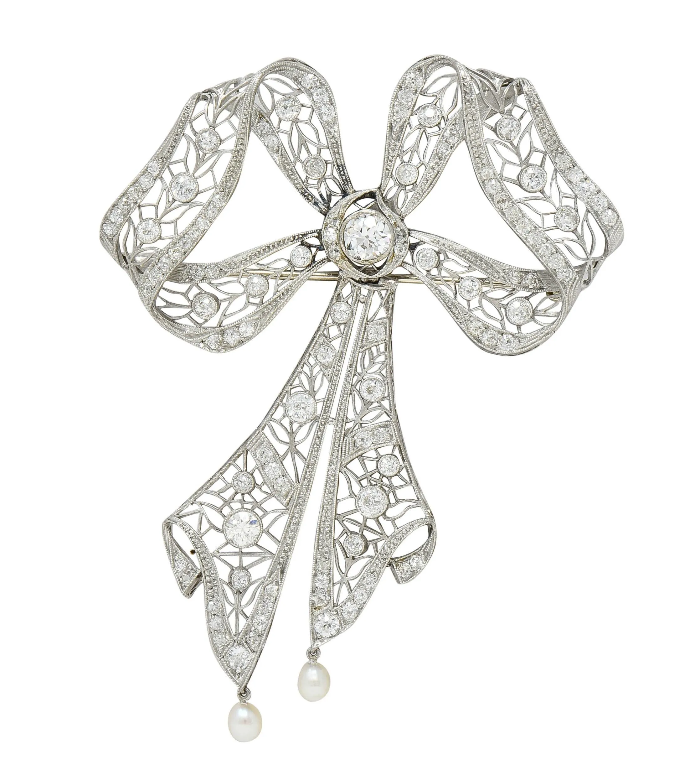 Substantial Belle Epoque Diamond Pearl Platinum Antique Lace En Tremblant Bow Pendant Brooch