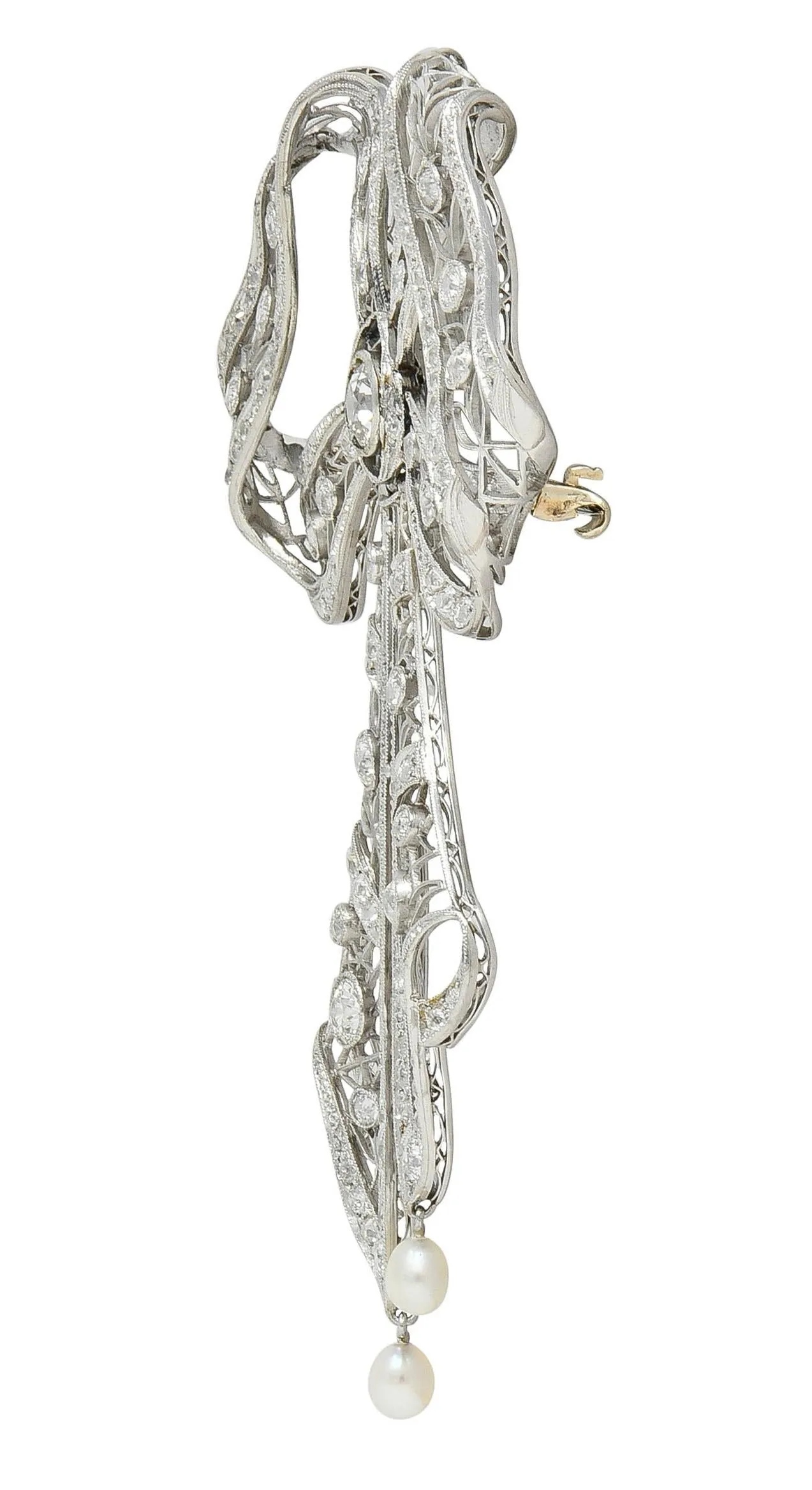 Substantial Belle Epoque Diamond Pearl Platinum Antique Lace En Tremblant Bow Pendant Brooch
