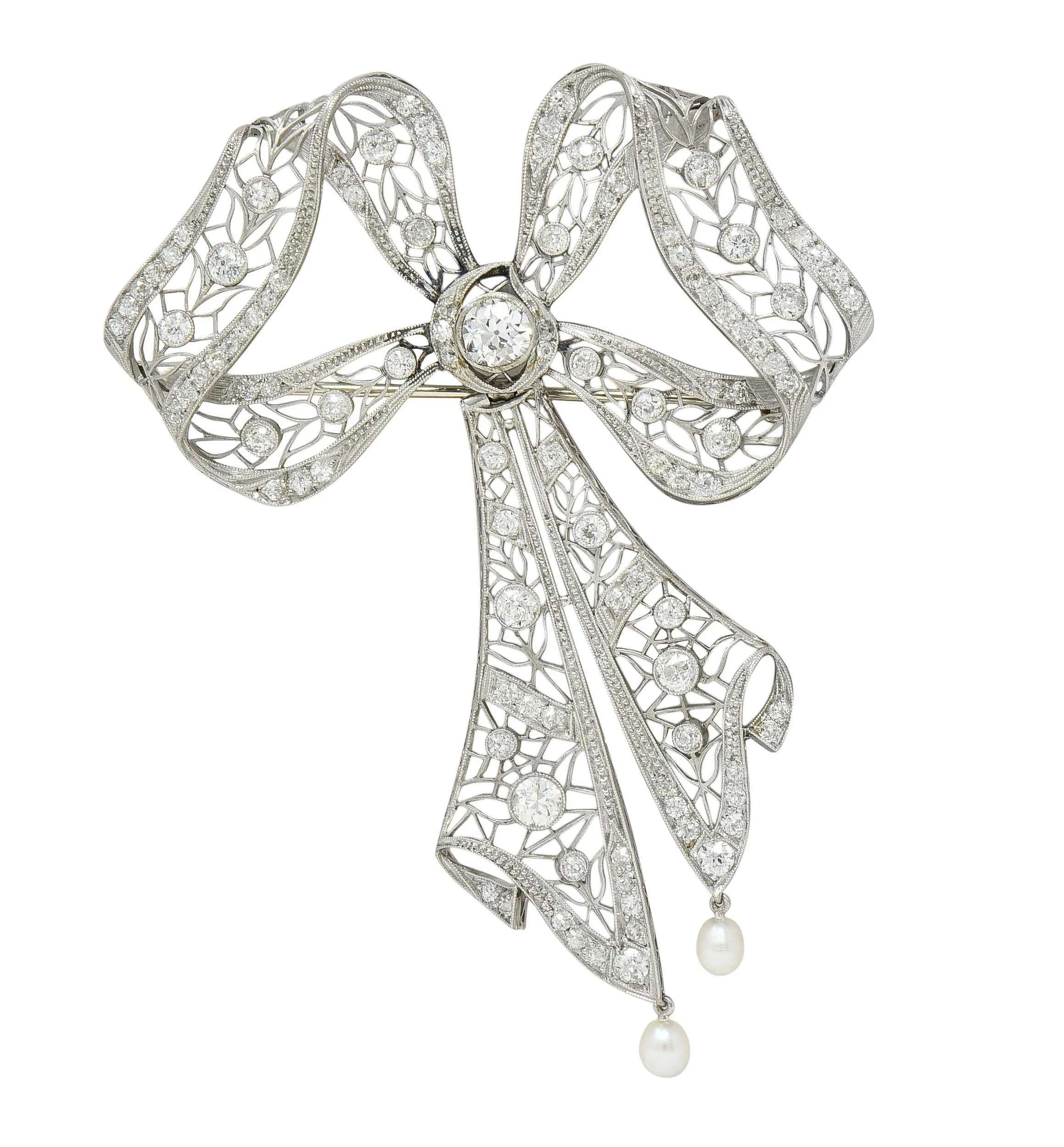 Substantial Belle Epoque Diamond Pearl Platinum Antique Lace En Tremblant Bow Pendant Brooch