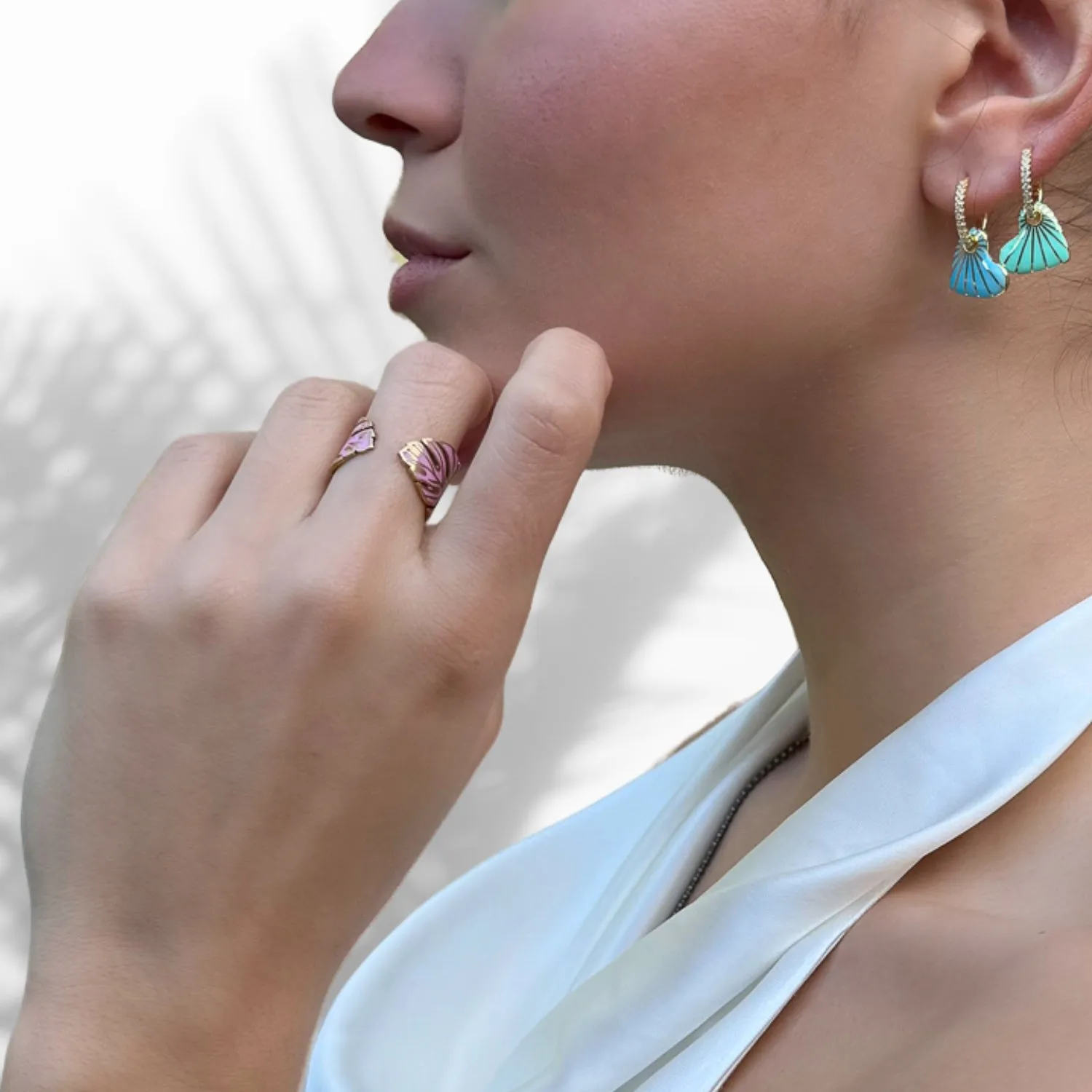Summer Pink Enamel Gold Adjustable Ring