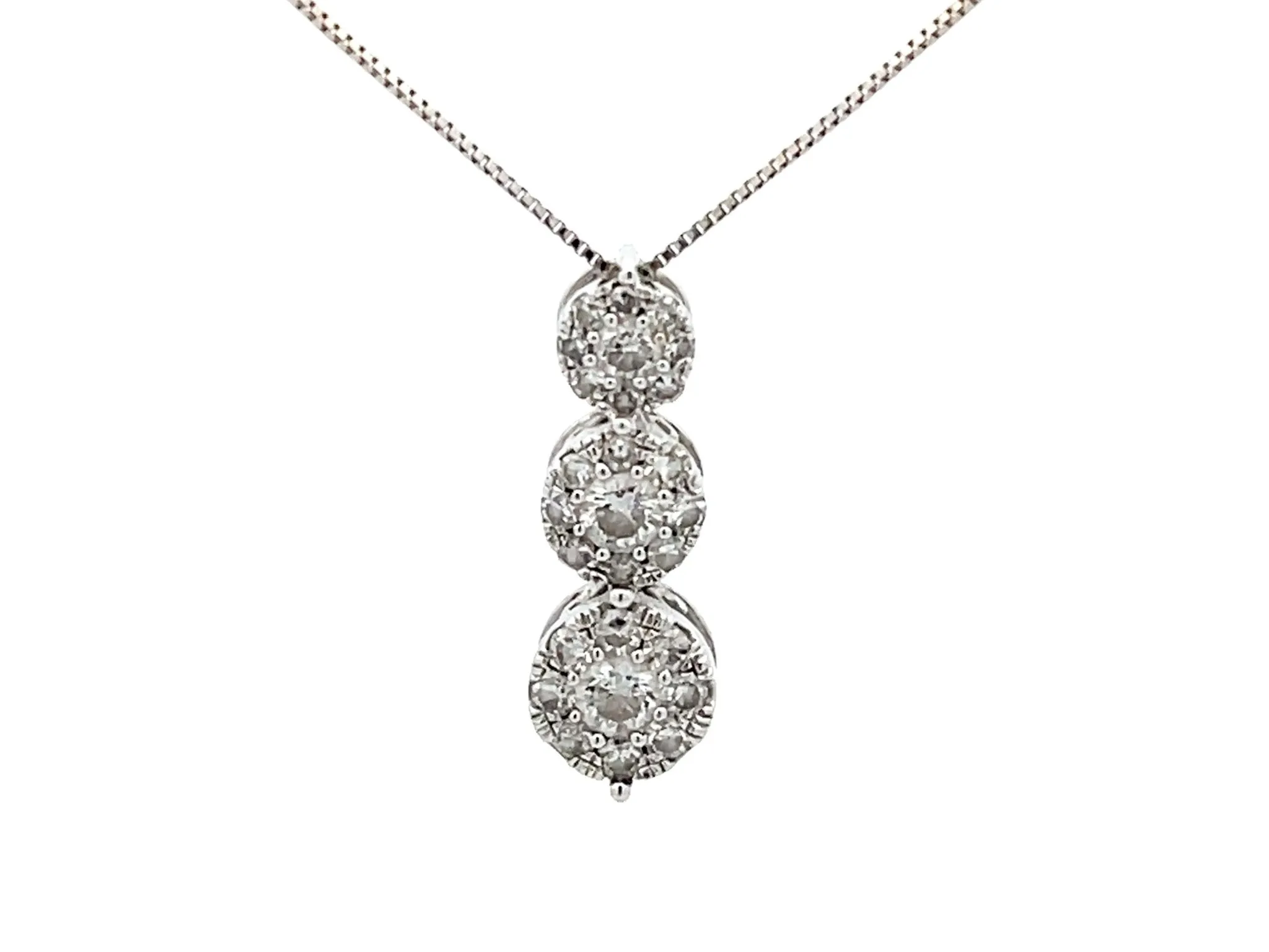 Three Diamond Halo Drop Necklace in 14k White Gold