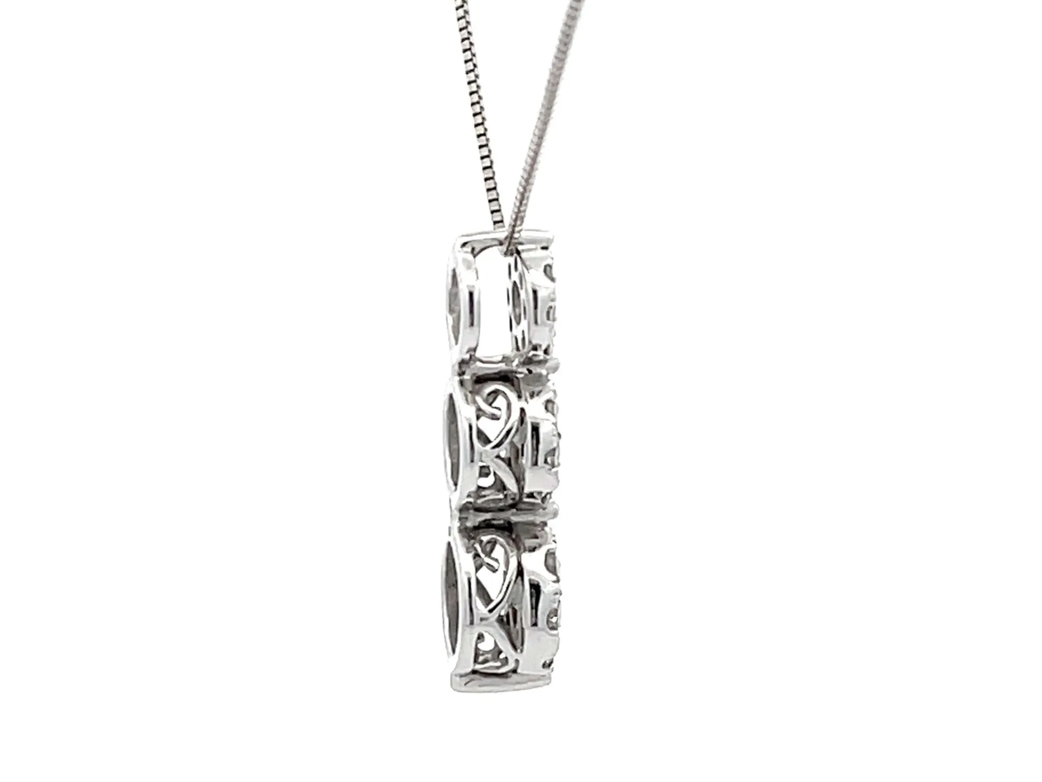 Three Diamond Halo Drop Necklace in 14k White Gold