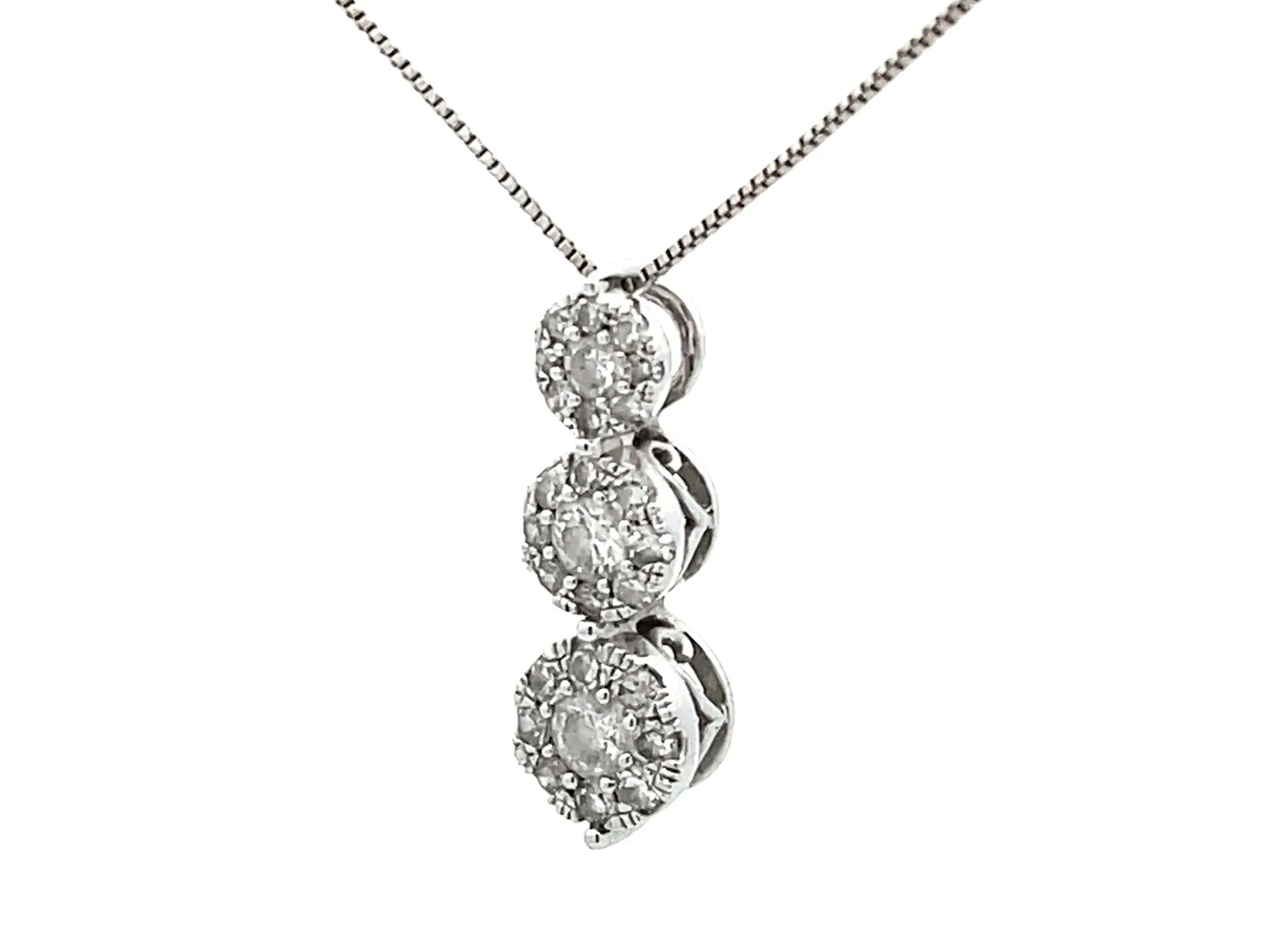 Three Diamond Halo Drop Necklace in 14k White Gold