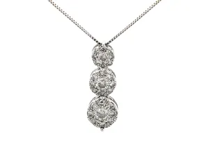 Three Diamond Halo Drop Necklace in 14k White Gold