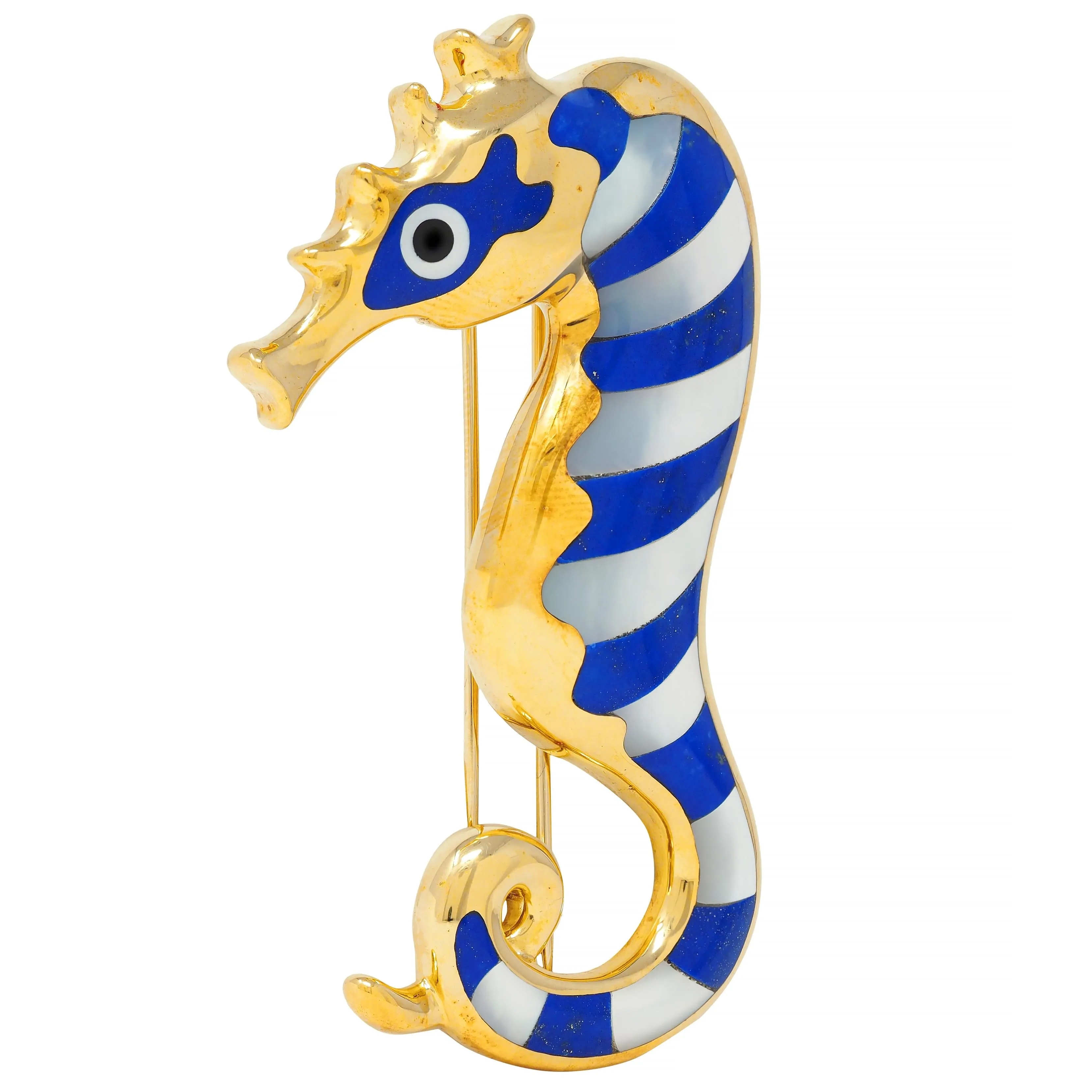 Tiffany & Co. 1970's Lapis Lazuli Mother-Of-Pearl Onyx 18 Karat Gold Vintage Seahorse Brooch
