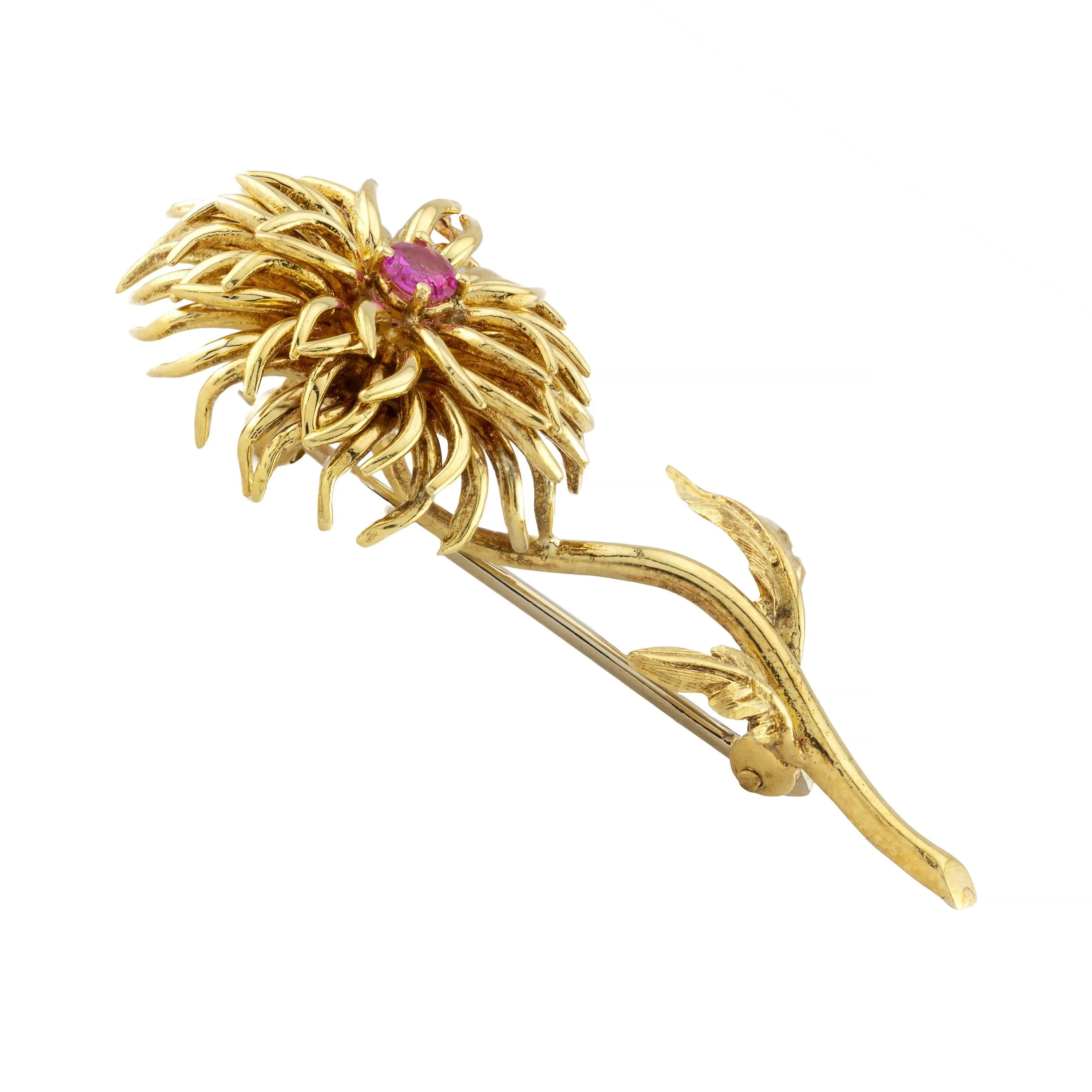 Tiffany & Company Vintage Dahlia Flower Ruby Brooch in 18K Yellow Gold
