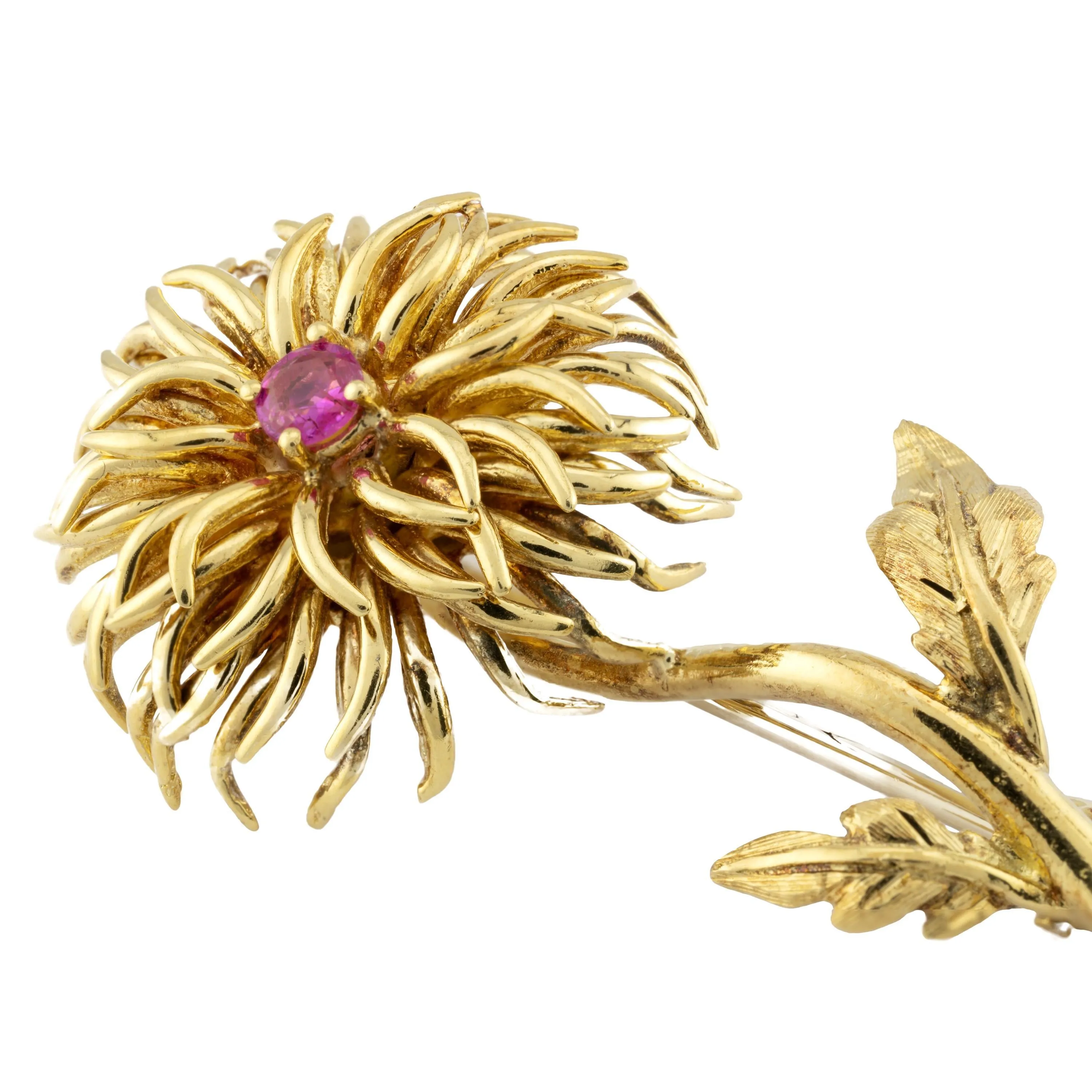 Tiffany & Company Vintage Dahlia Flower Ruby Brooch in 18K Yellow Gold