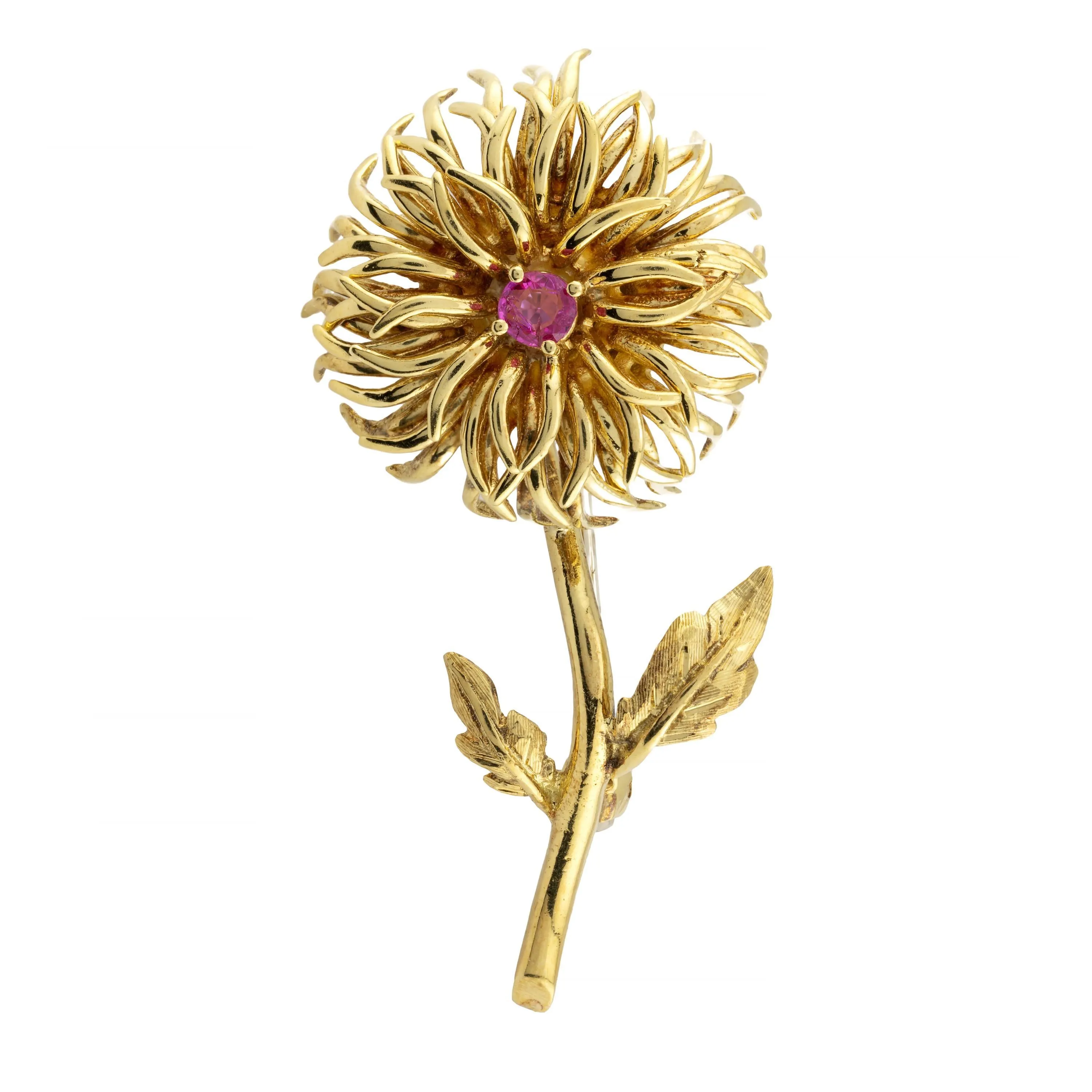 Tiffany & Company Vintage Dahlia Flower Ruby Brooch in 18K Yellow Gold