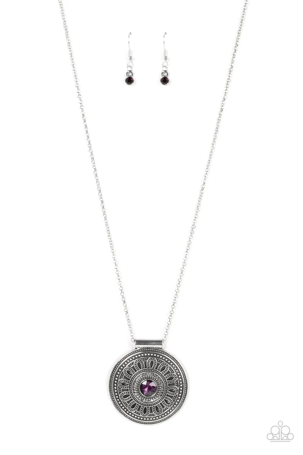 Toga Party - Purple - Oversized Rhinestone Silver Floral Medallion Paparazzi Long Necklace