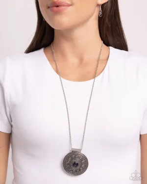 Toga Party - Purple - Oversized Rhinestone Silver Floral Medallion Paparazzi Long Necklace