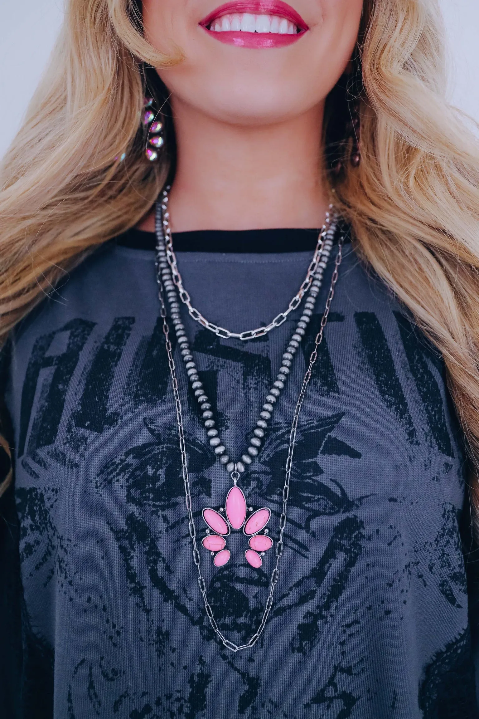 Trey Layered Squash Blossom Necklace - Pink