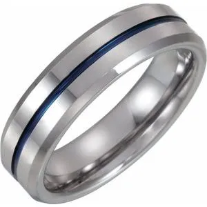 Tungsten Grooved Band with Blue Enamel Size 8.5