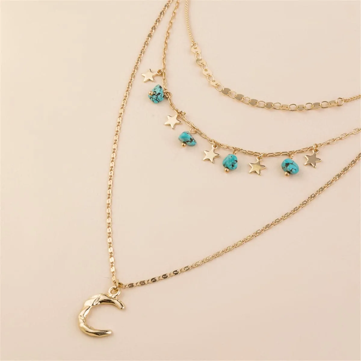 Turquoise & 18K Gold-Plated Layered Celestial Necklace