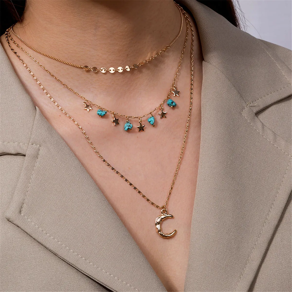 Turquoise & 18K Gold-Plated Layered Celestial Necklace