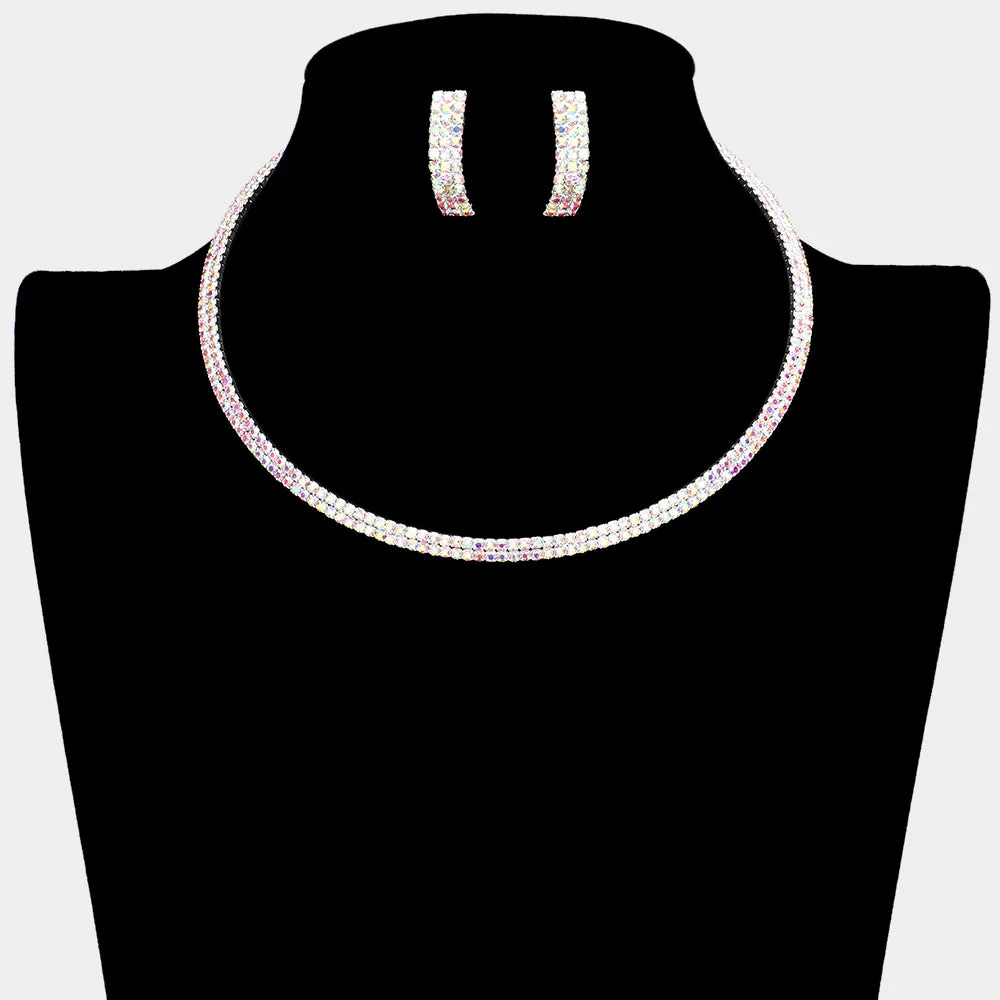 Two Row AB Crystal Rhinestone Choker with Earrings  | 388725