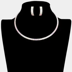 Two Row AB Crystal Rhinestone Choker with Earrings  | 388725