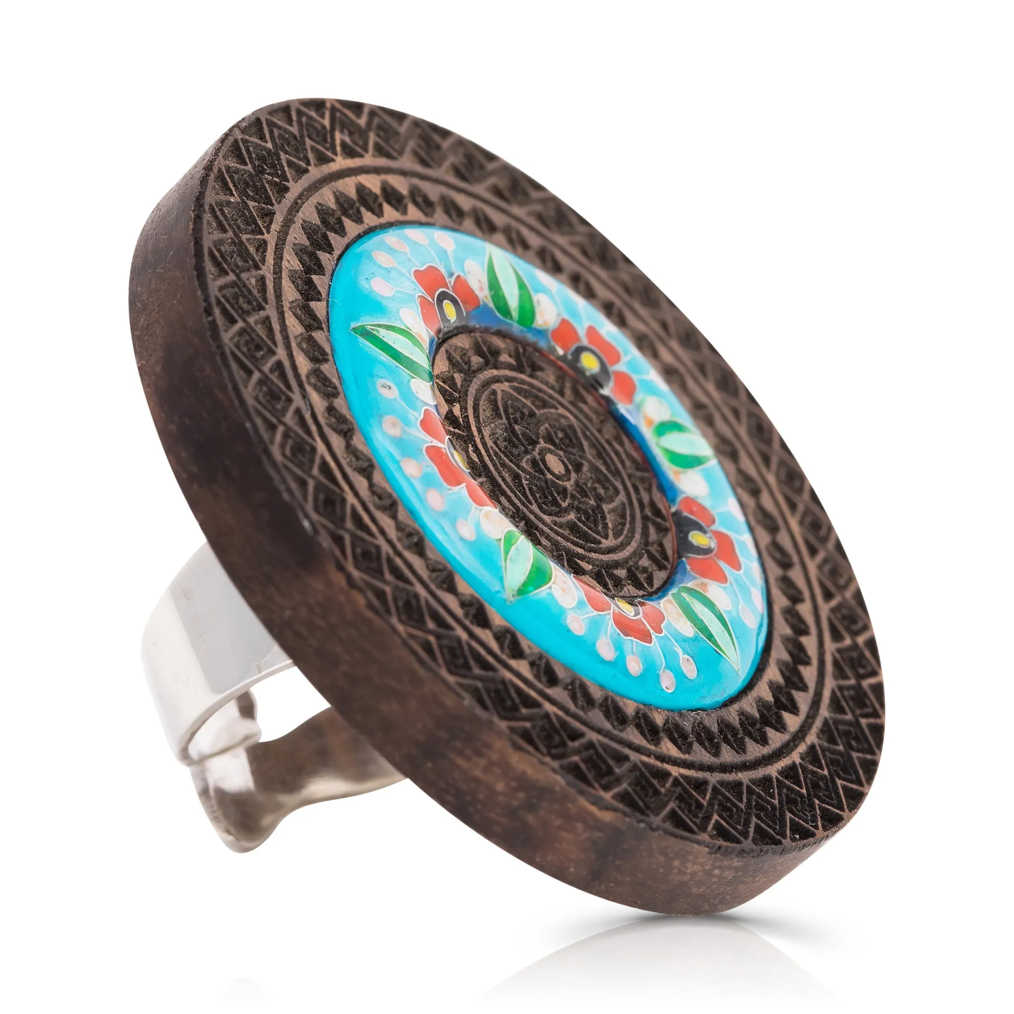 Unique Walnut Wood and Enamel Ring