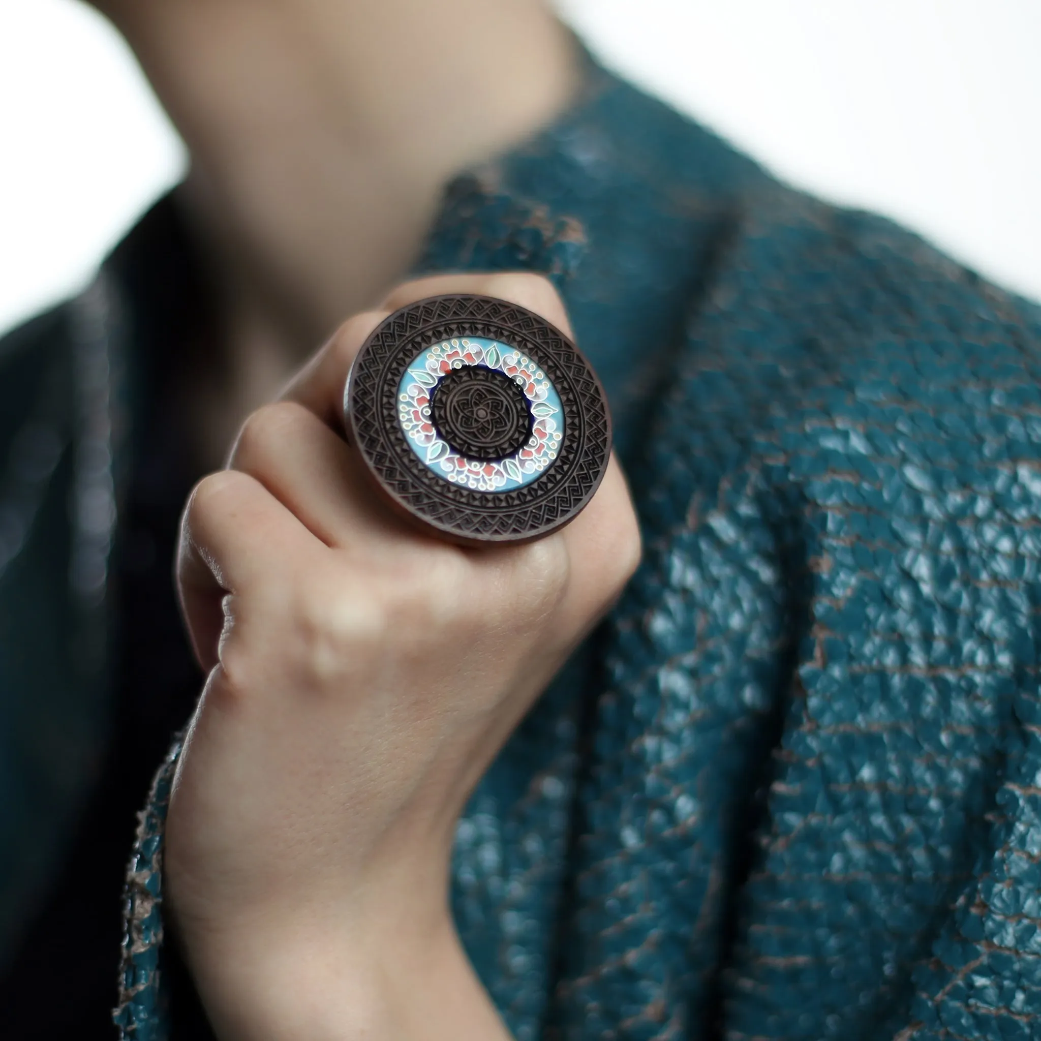 Unique Walnut Wood and Enamel Ring