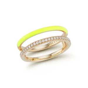 Vault Sale: Neon Yellow Enamel and Diamond Double Bar Ring in Yellow Gold Size 4.5