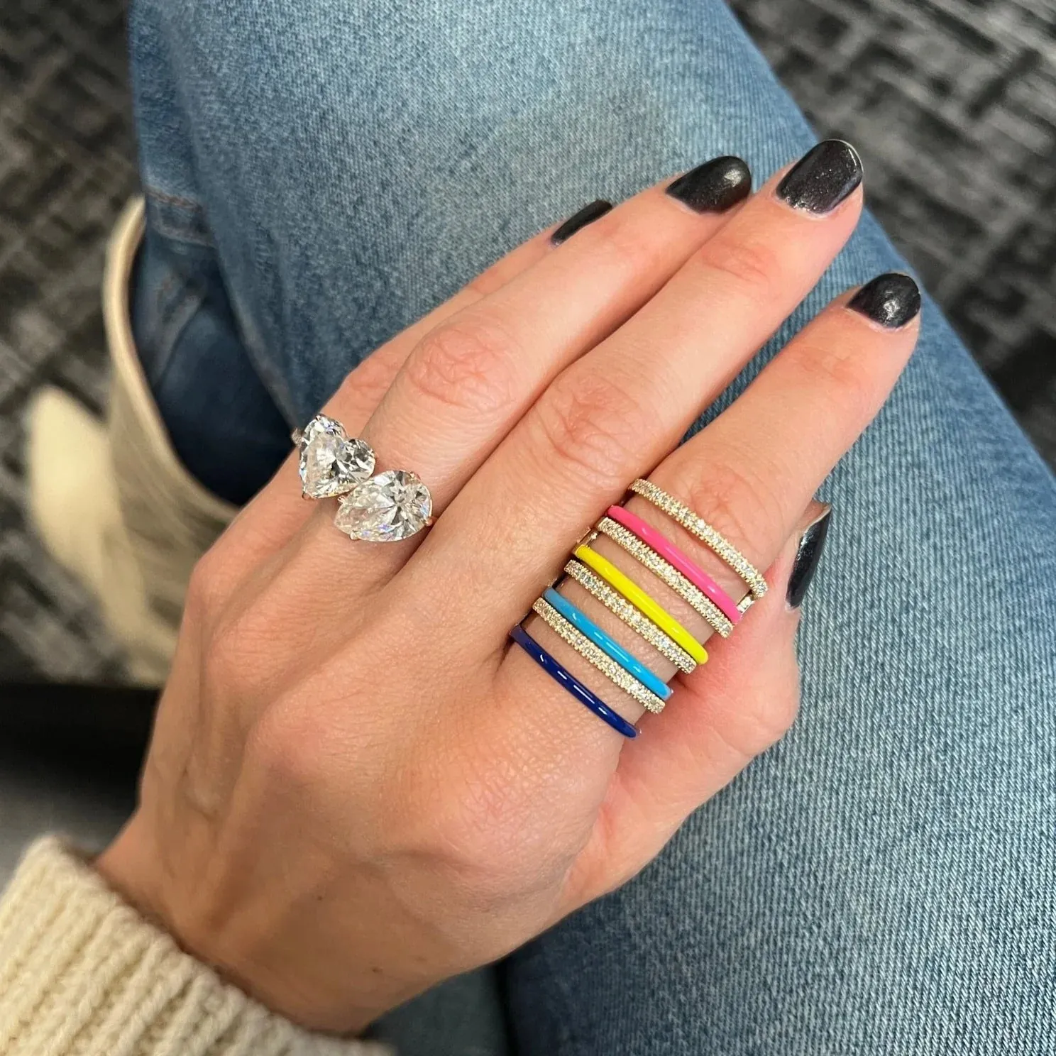 Vault Sale: Neon Yellow Enamel and Diamond Double Bar Ring in Yellow Gold Size 4.5