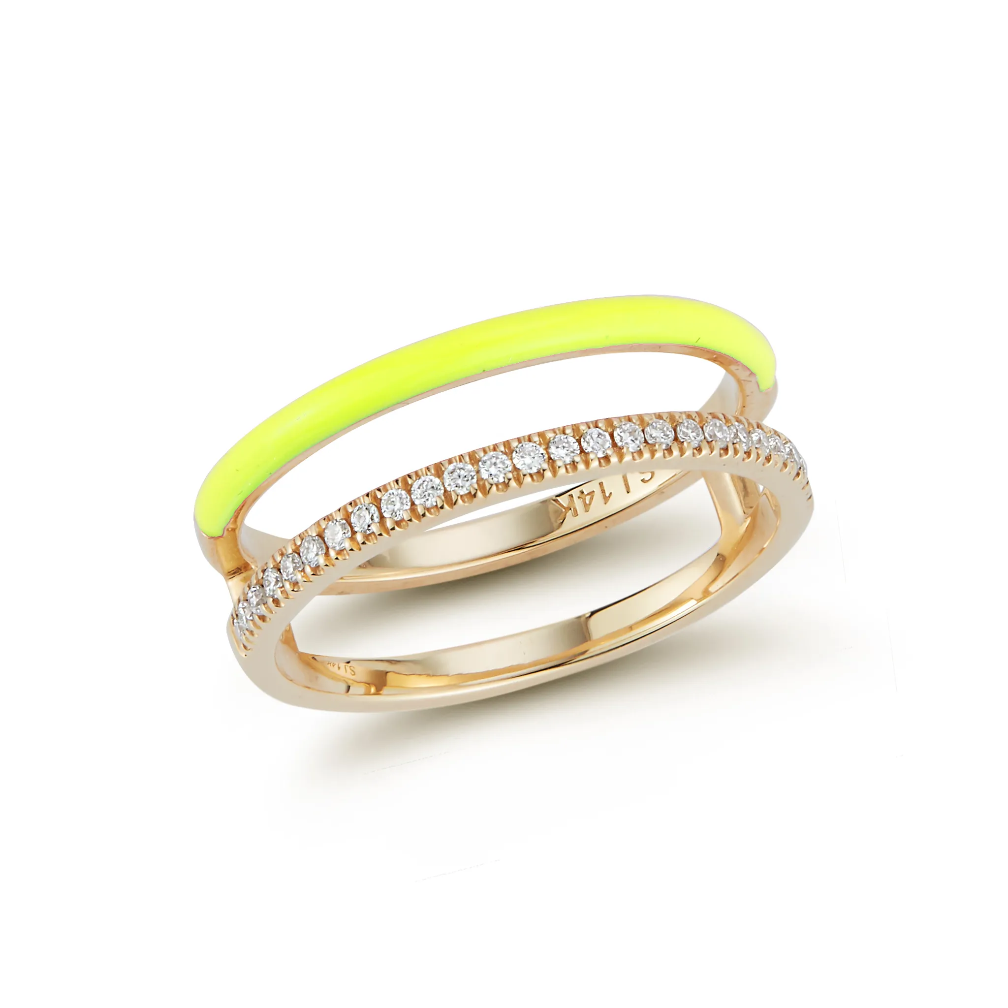 Vault Sale: Neon Yellow Enamel and Diamond Double Bar Ring in Yellow Gold Size 4.5