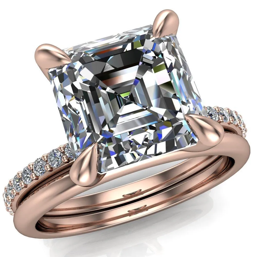 Venus Asscher Moissanite Diamond Fire Band 4 Claw Sculptural Prongs Ring