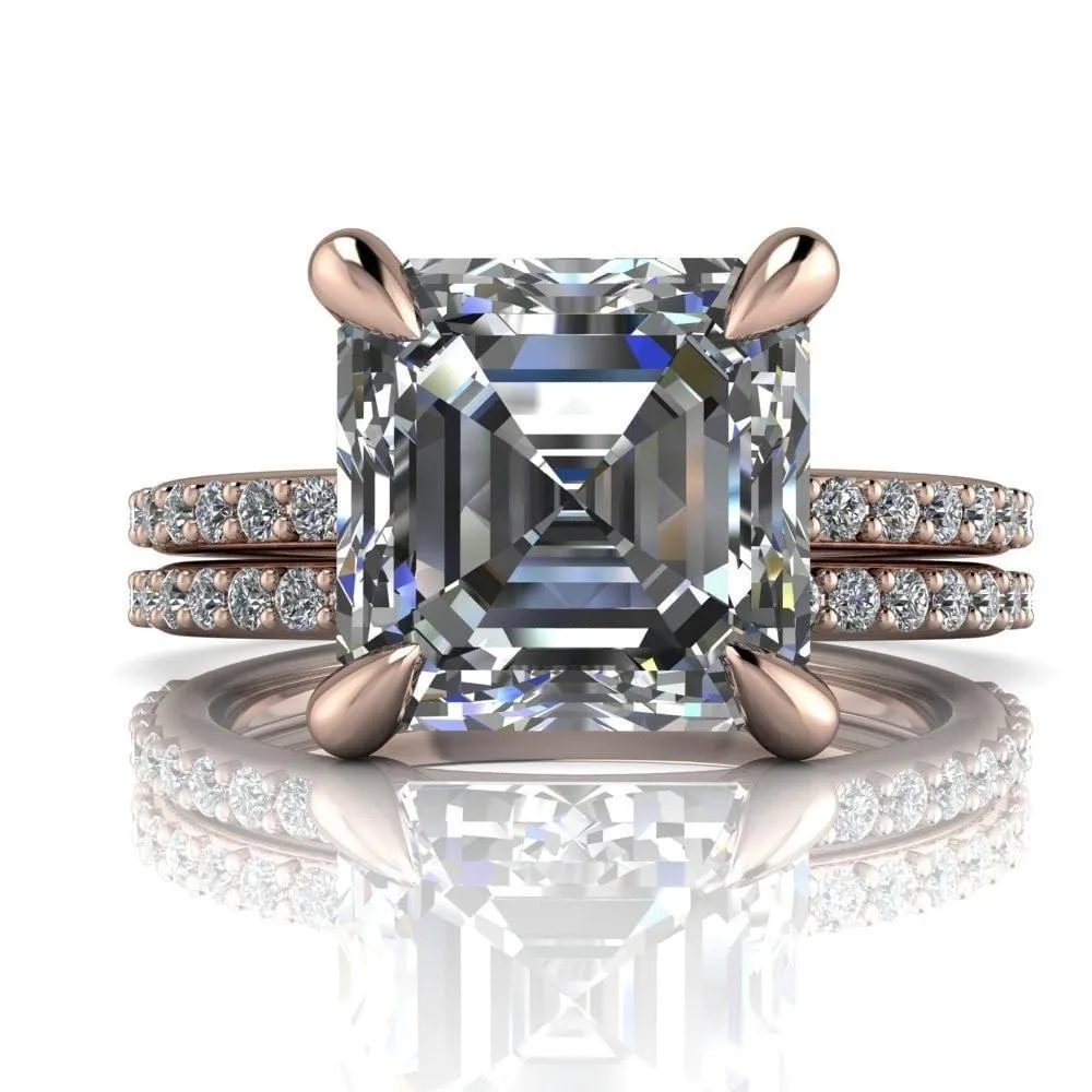 Venus Asscher Moissanite Diamond Fire Band 4 Claw Sculptural Prongs Ring