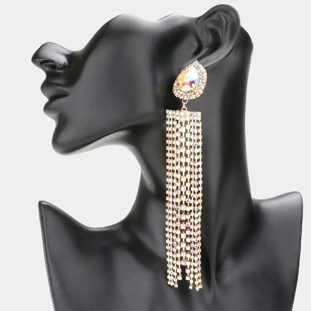 Very Long AB Teardrop Accented Rhinestone Fringe Statement Earrings on Gold| Pageant Earrings |  576041