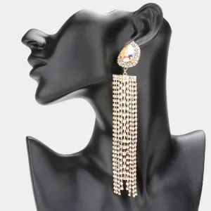 Very Long AB Teardrop Accented Rhinestone Fringe Statement Earrings on Gold| Pageant Earrings |  576041