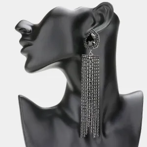 Very Long Black Teardrop Accented Rhinestone Fringe Statement Earrings | Pageant Earrings |  576040