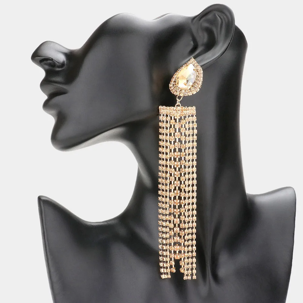 Very Long Light Topaz Teardrop Accented Rhinestone Fringe Statement Earrings | Pageant Earrings |  576043
