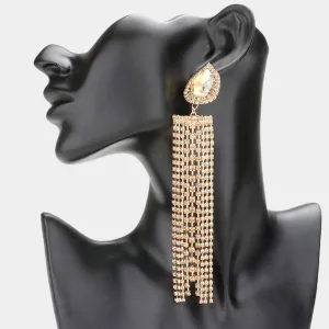 Very Long Light Topaz Teardrop Accented Rhinestone Fringe Statement Earrings | Pageant Earrings |  576043
