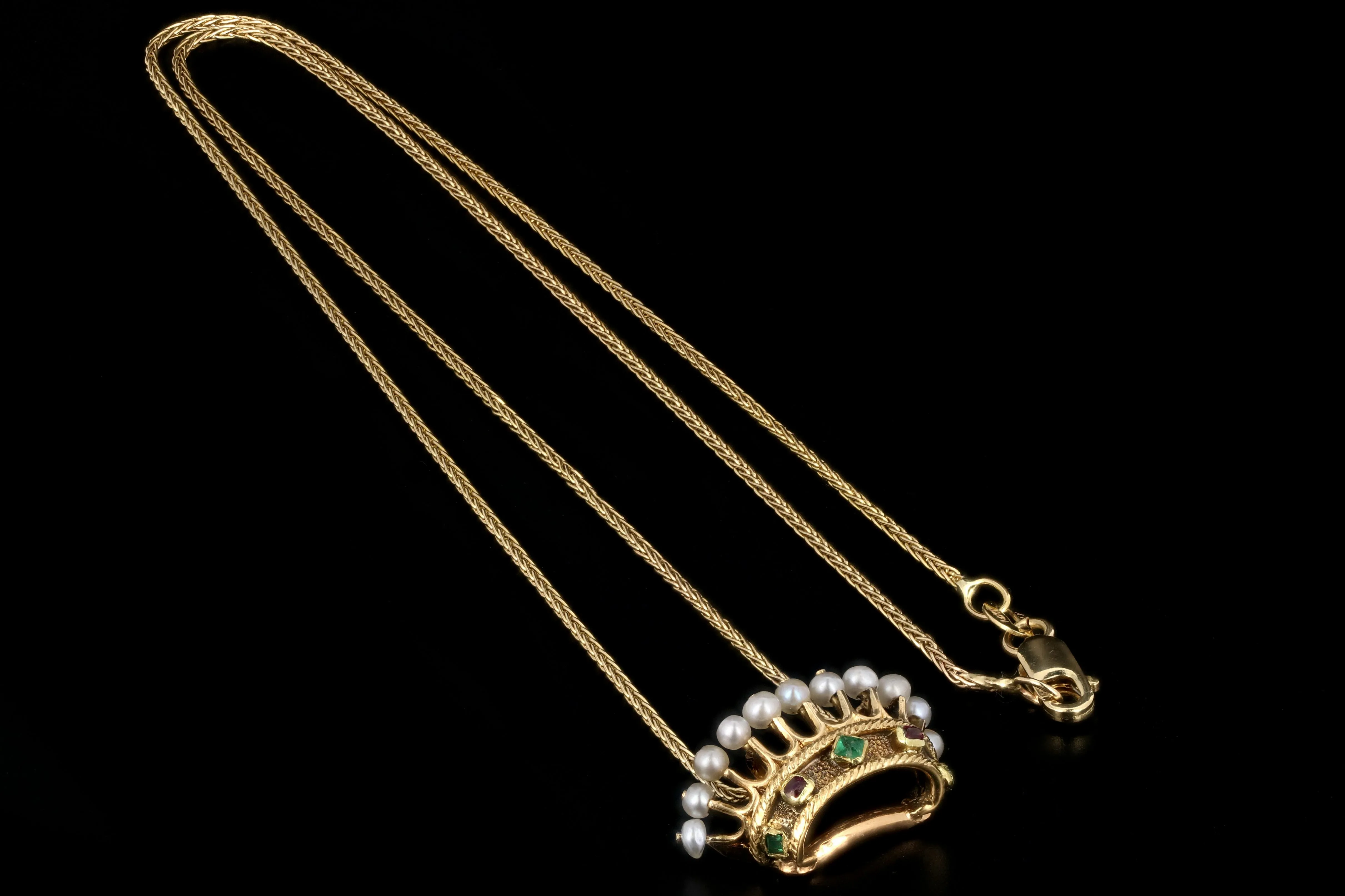 Victorian 18K Gold Ruby Emerald Pearl Crown Pendant Necklace c.1840s