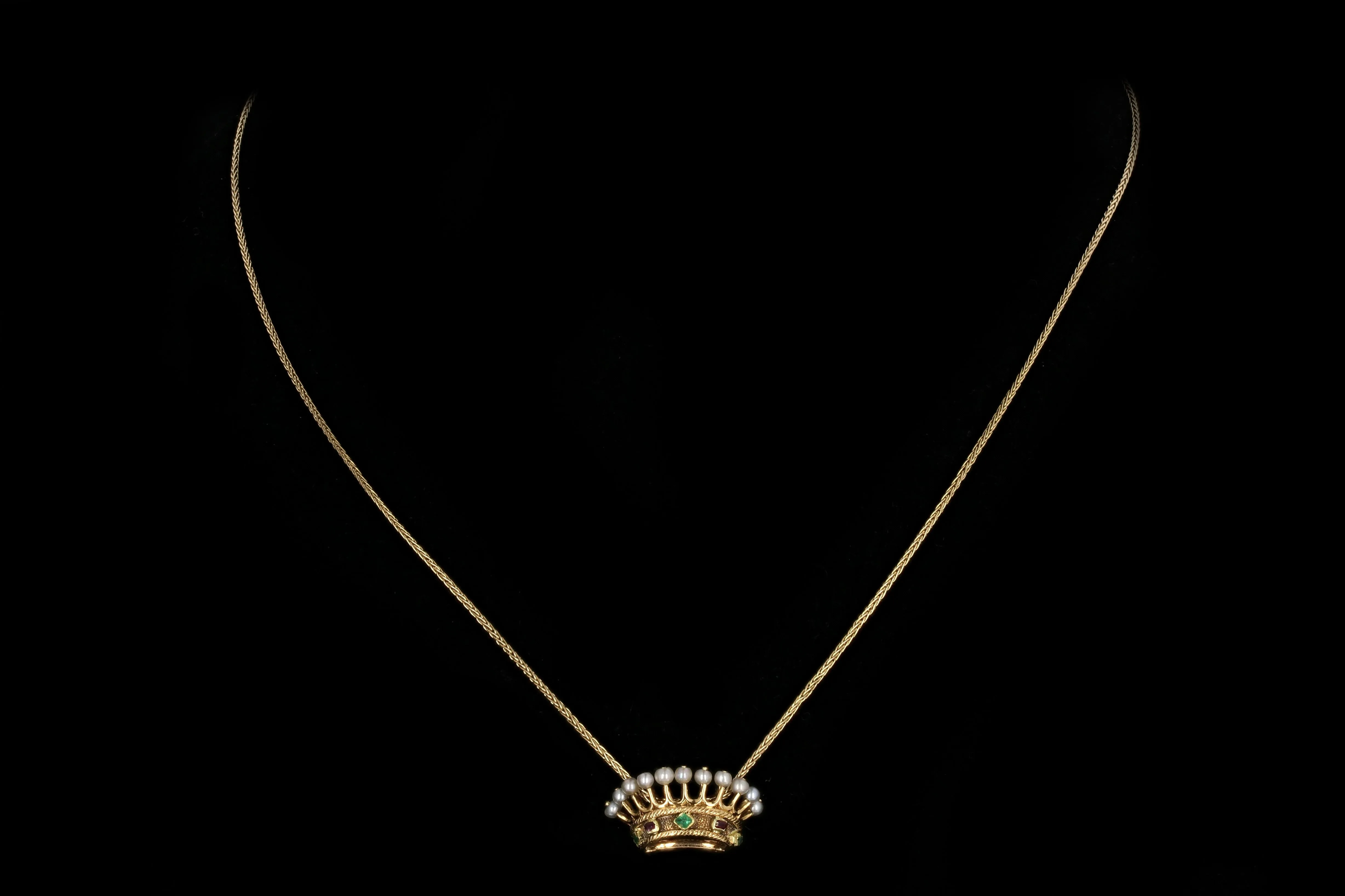 Victorian 18K Gold Ruby Emerald Pearl Crown Pendant Necklace c.1840s