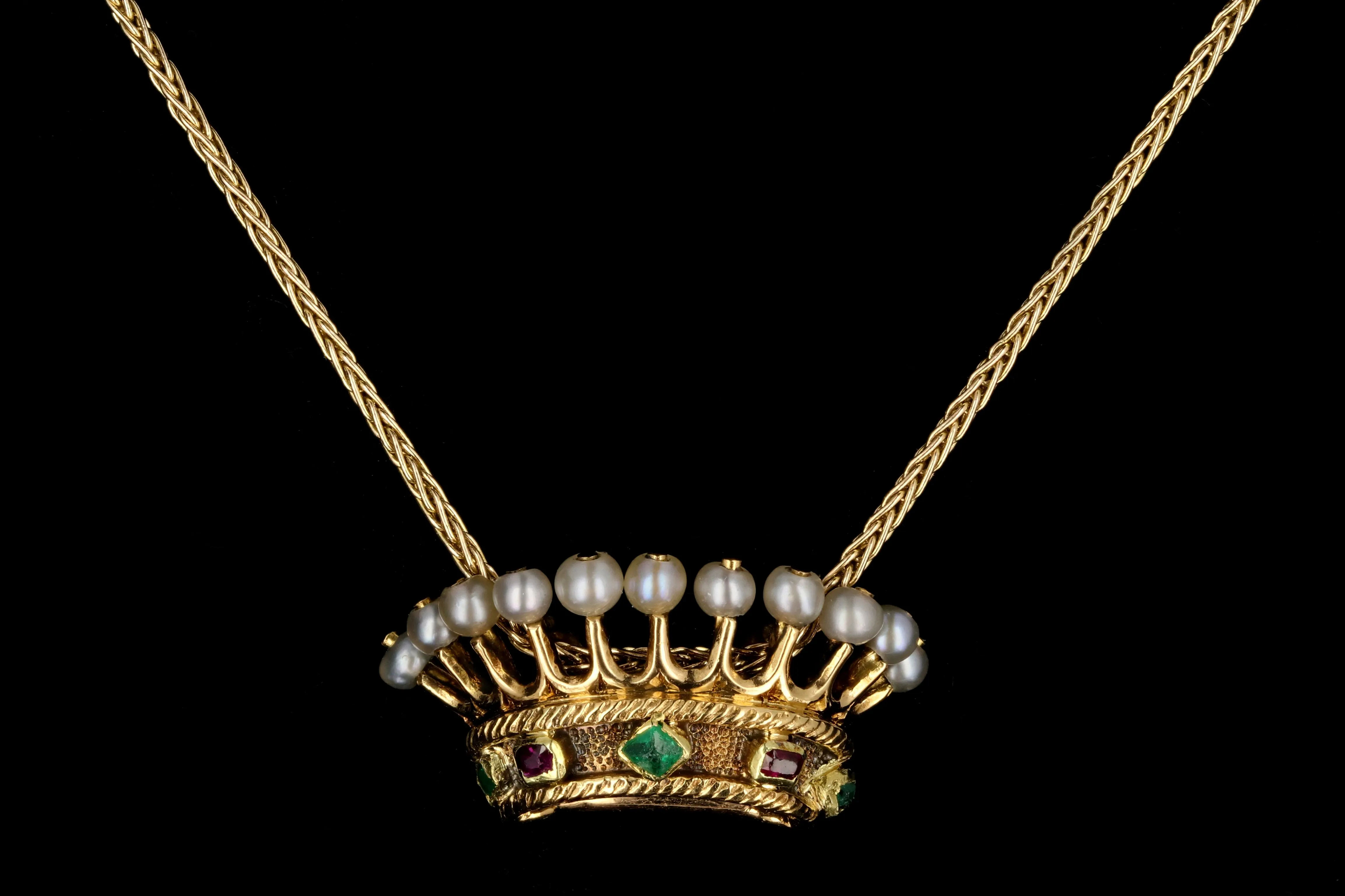 Victorian 18K Gold Ruby Emerald Pearl Crown Pendant Necklace c.1840s