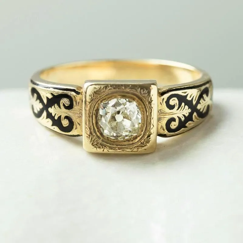 Victorian Diamond Black Enamel Mourning Ring