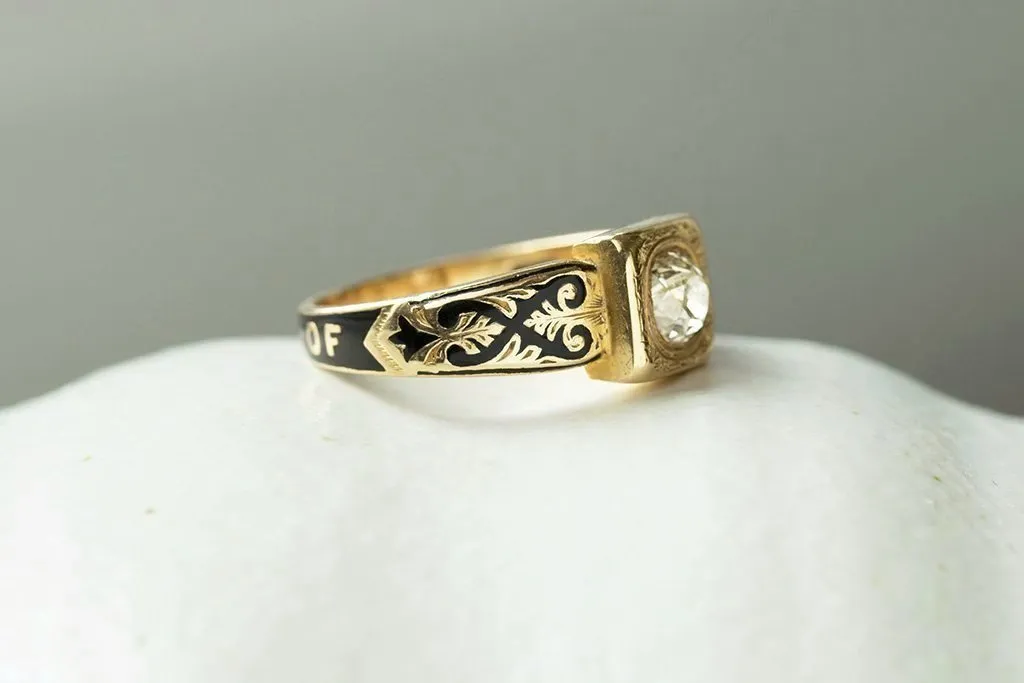 Victorian Diamond Black Enamel Mourning Ring
