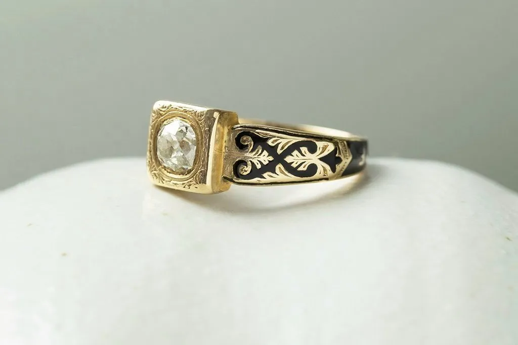 Victorian Diamond Black Enamel Mourning Ring