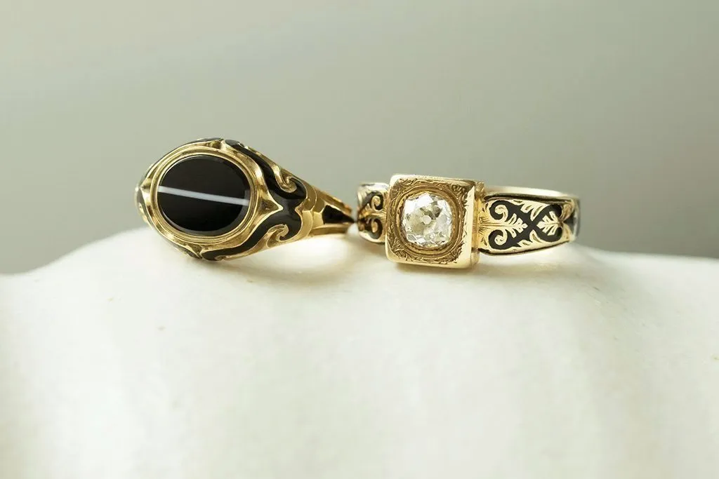 Victorian Diamond Black Enamel Mourning Ring